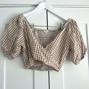 Tan and White Checkered Milkmaid Crossover Crop Top